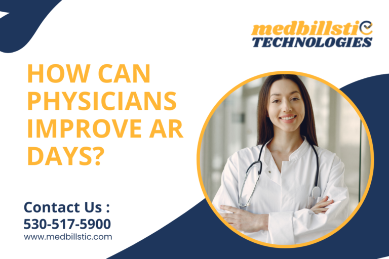 A graphic with the text 'How can Physician Improve AR Days' on a white background, surrounded by medical icons and symbols.